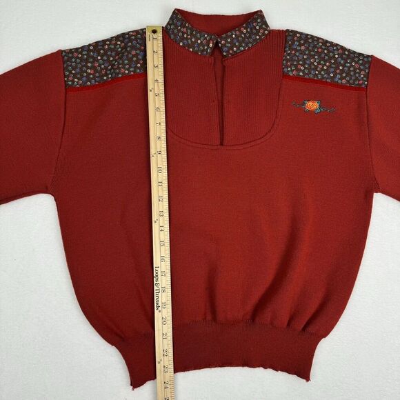 Vintage 80s Womens Mock Neck Sweater Small Rust Micro Floral Embroidered Fall - Picture 10 of 16